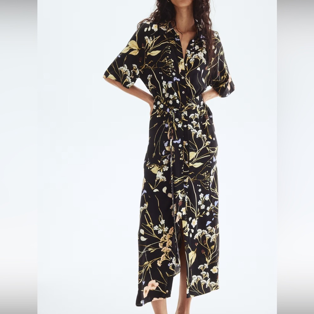 Black Floral Tie-Belt Shirt Dress